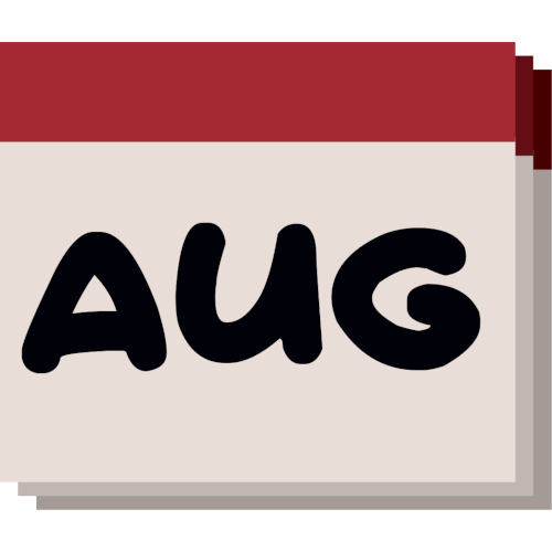 A simple, stylized representation of a calendar page. The main section of the calendar is a light gray square with the letters 'AUG' printed in large, bold, black font, indicating the month of August. Above this, there is a horizontal maroon header. Behind the front page, there are two additional pages slightly offset to the right and down.